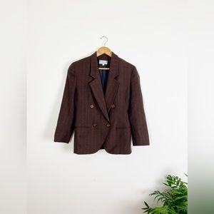Vintage Virgin Wool Cocoa & Navy Herringbone Cropped Blazer Coat Double Breasted